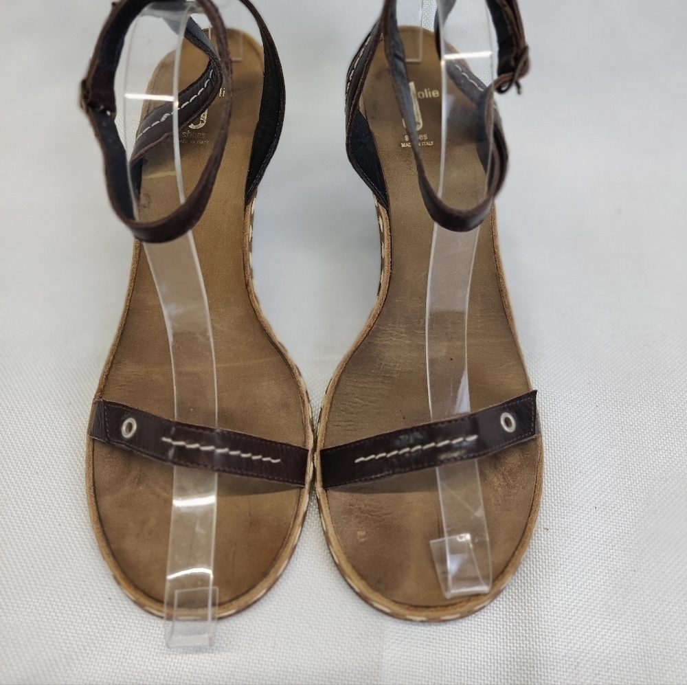 JOLIE Italy Ankle Strap Heels Brown Leather Round Toe Stiletto Thin Straps Sz 38 - Picture 2 of 10